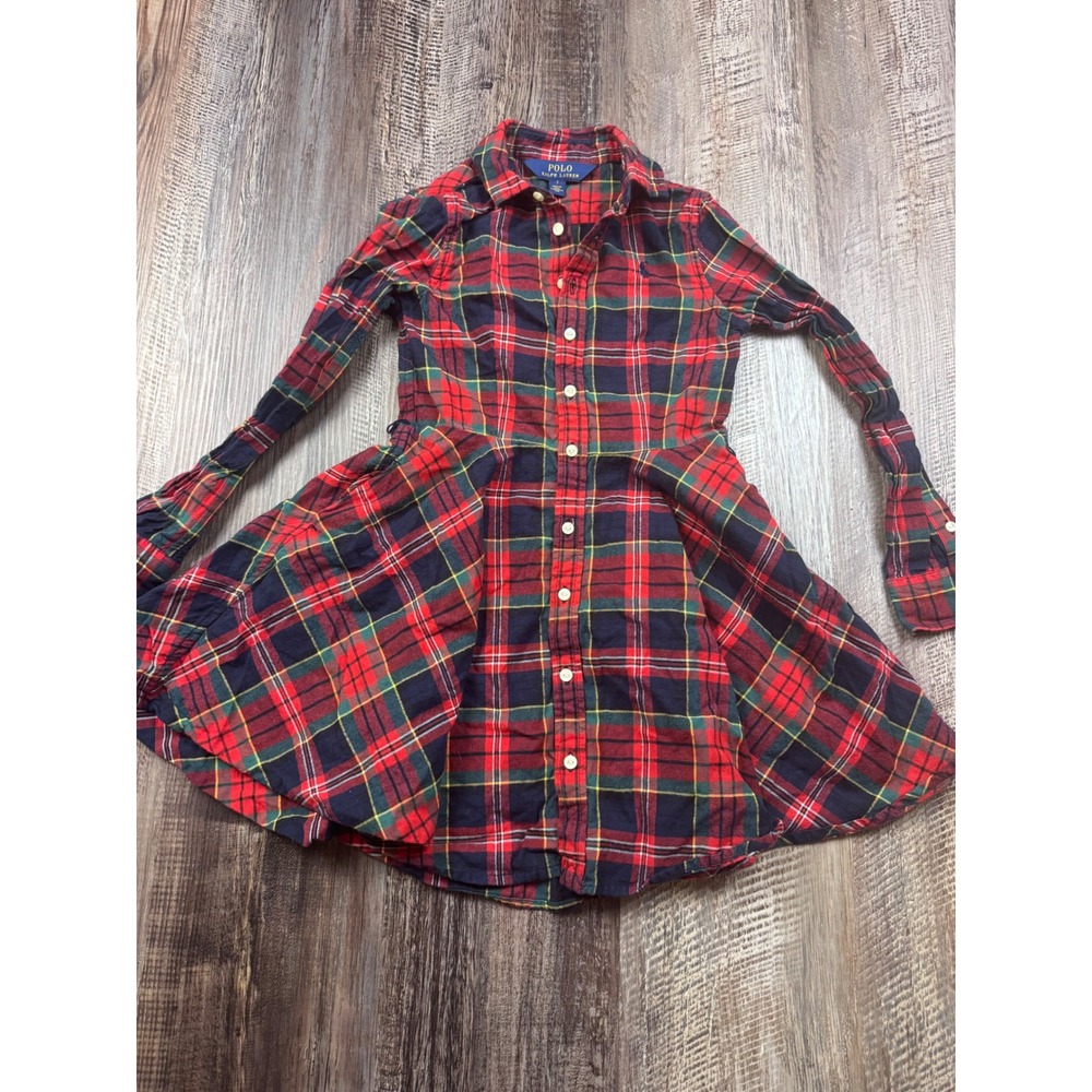 Polo Ralph Lauren Girls Red Plaid Flannel Shirt Dress Tartan Size 7 Long Sleeve